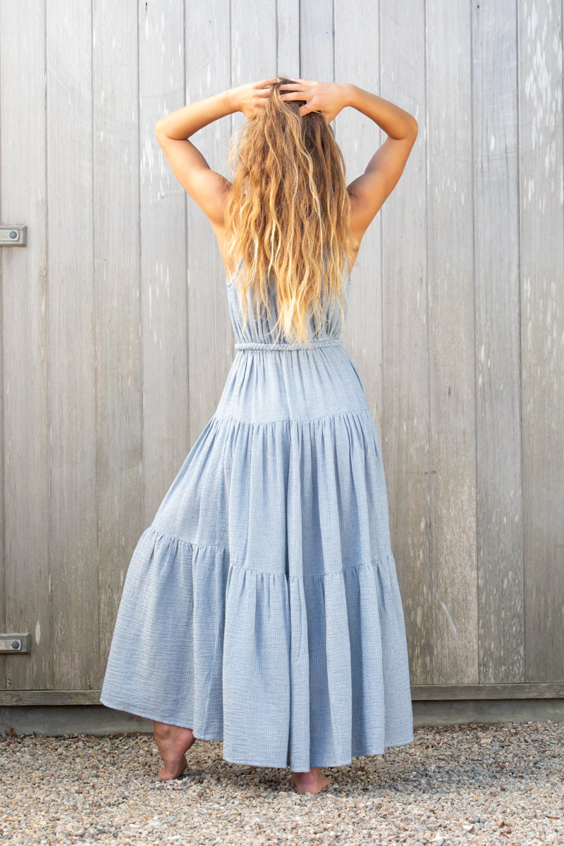 Double V Tiered Dress in Woven Pinstripe