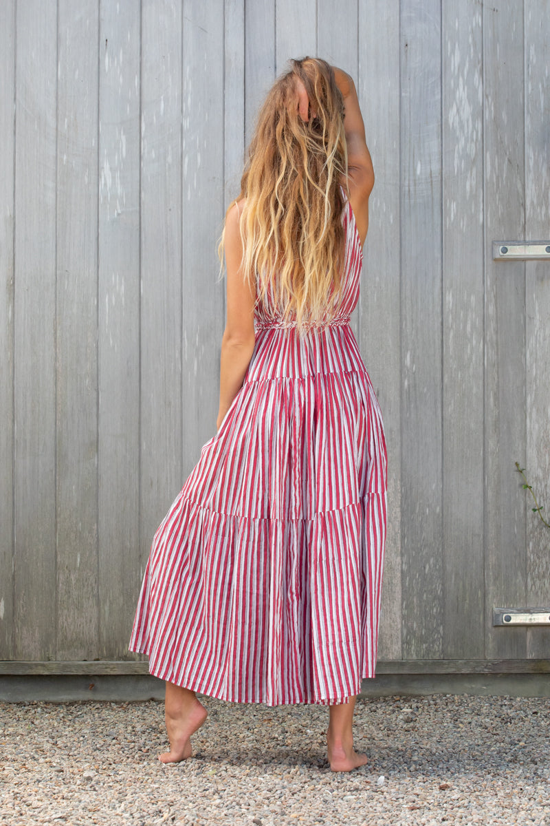 fiery red striped block print dress