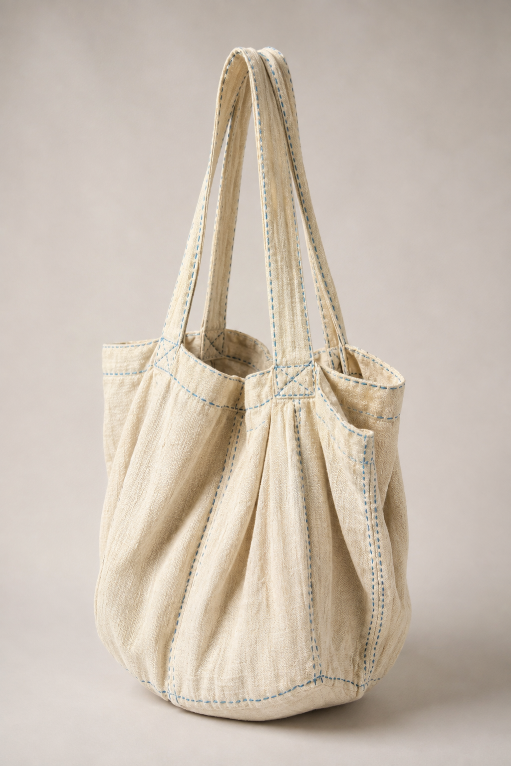 Hand Loom Hemp Sack Bag Natural / Indigo Top Stitch