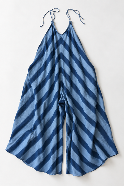 #84 Jumpsuit Double Ikat Big Stripes 218 Sky Blue / Cobalt Stripe Stone Wash