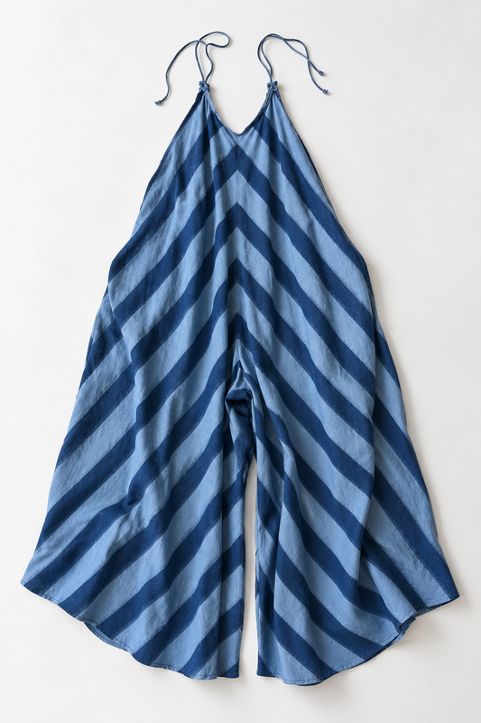 #84 Jumpsuit Double Ikat Big Stripes 218 Sky Blue / Cobalt Stripe Stone Wash