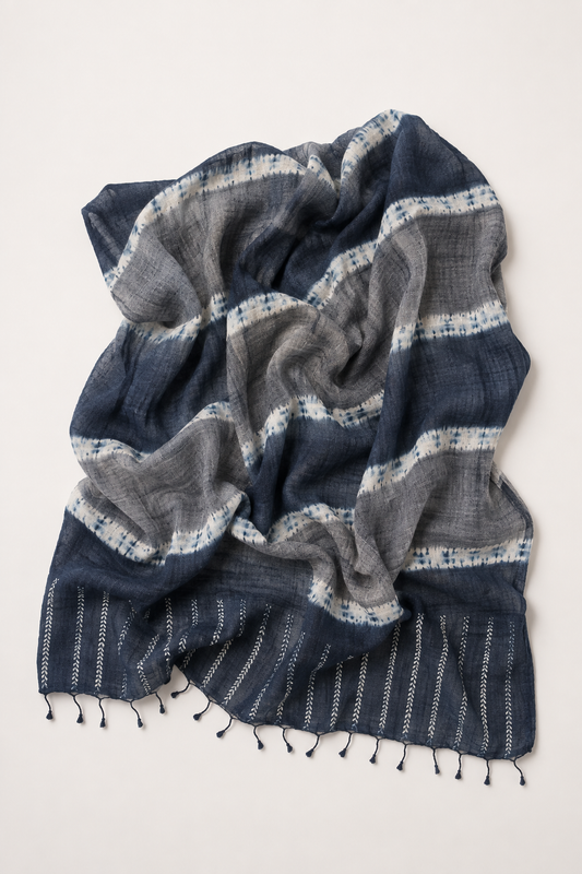 Tussar Silk Shawl Arashi Border /Grey / Navy Stripe Style 19