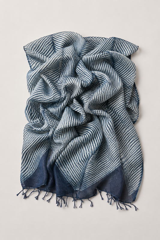 Tussar Silk Shawl Arashi Shibori Dark Indigo / Style 33