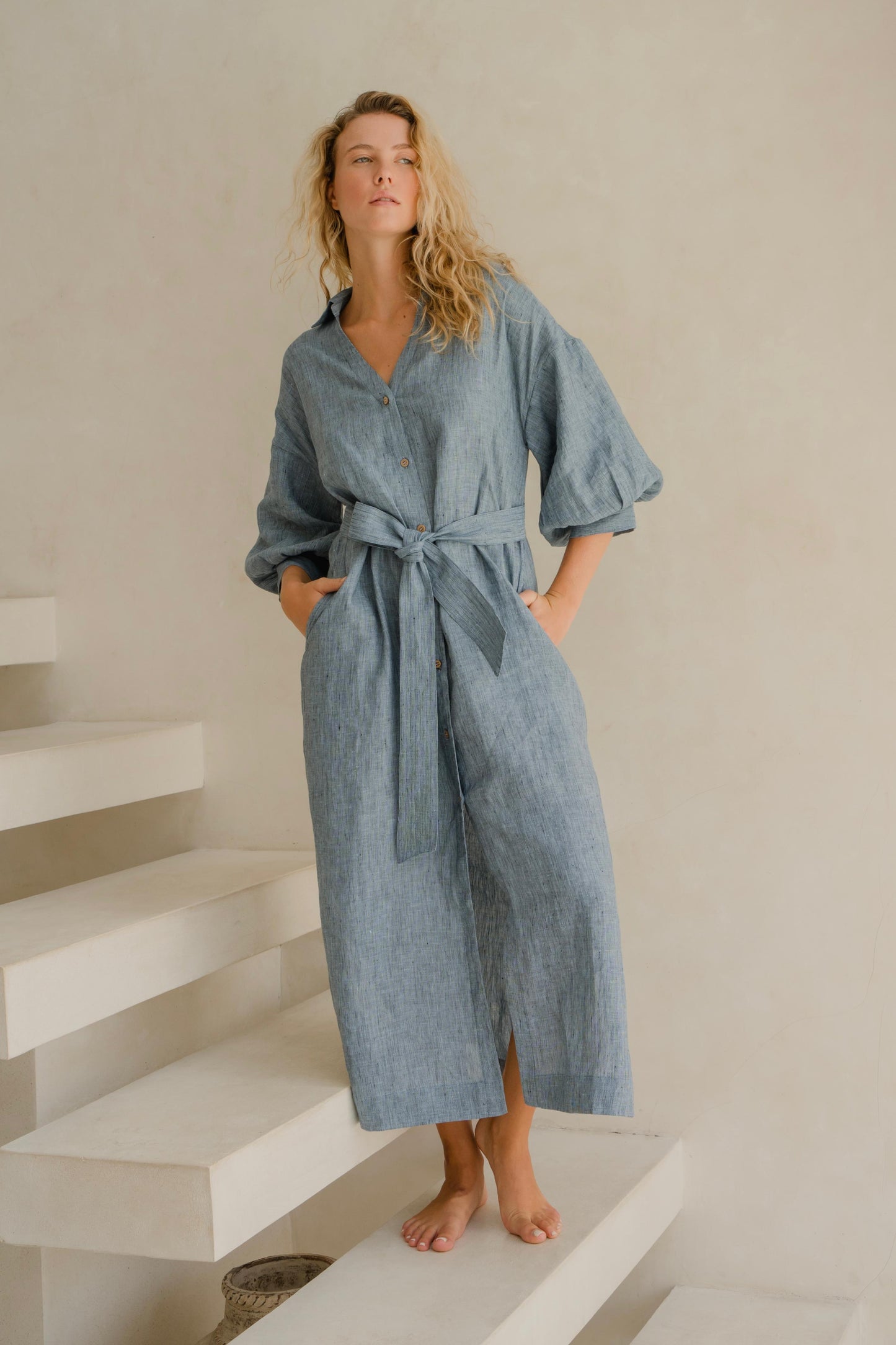 #80 Maxi Split Neck Button Down Dress