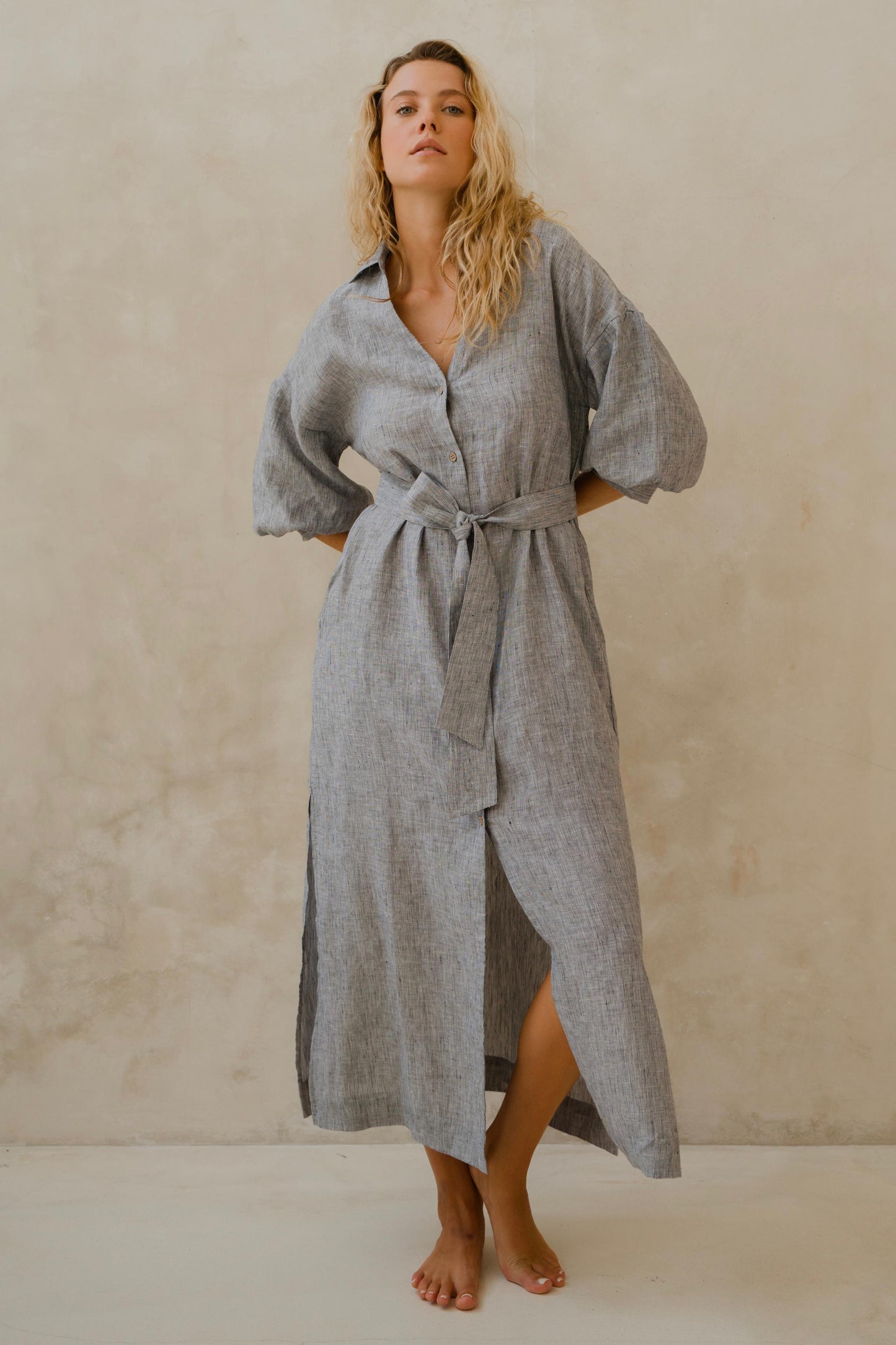 #80 Maxi Split Neck Button Down Dress