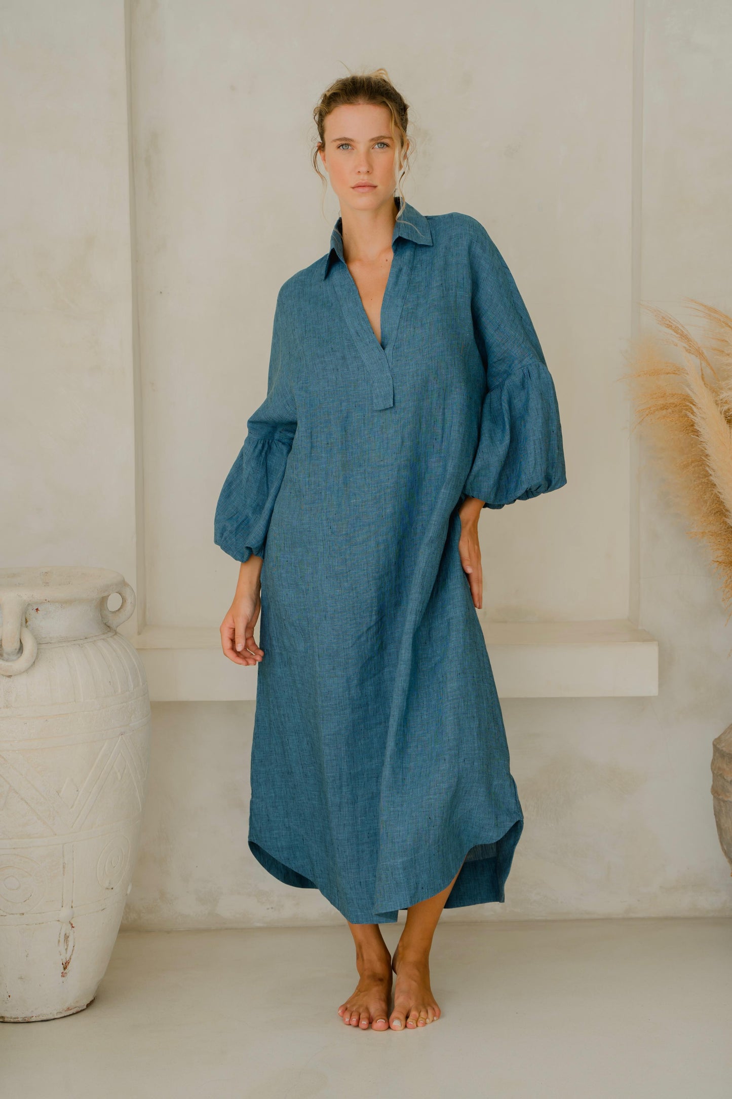 #55 Maxi H/L Kaftan Thick Placket Puff Slvs