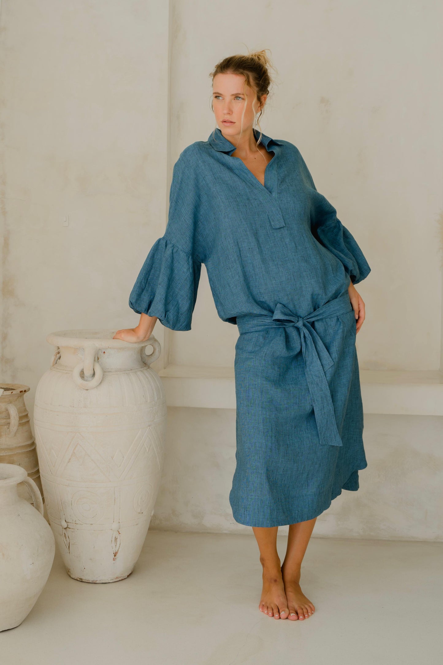 #55 Maxi H/L Kaftan Thick Placket Puff Slvs