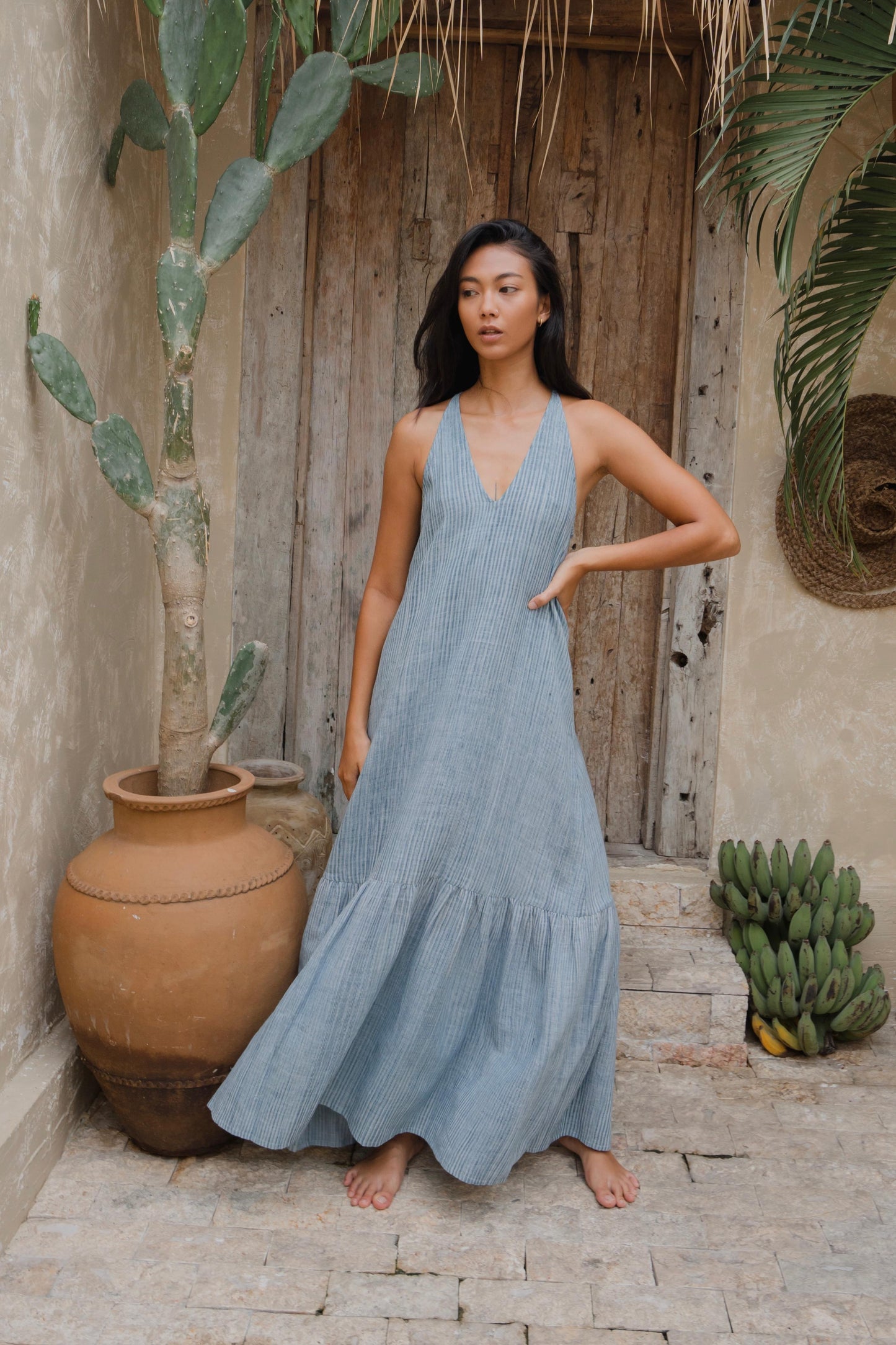 halter v dress Plunging V Neck Halter Gown - Cream