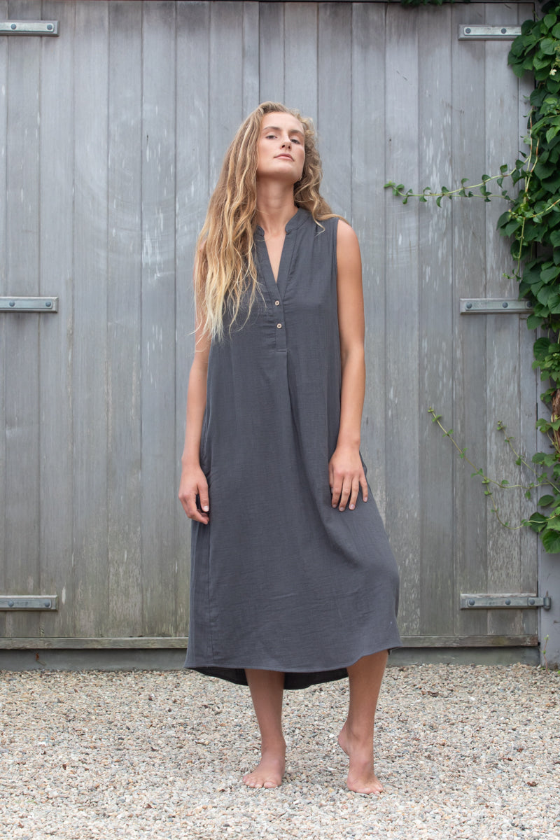 charcoal cotton double gauze maxi dress