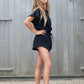 black v-neck ruffle shirt