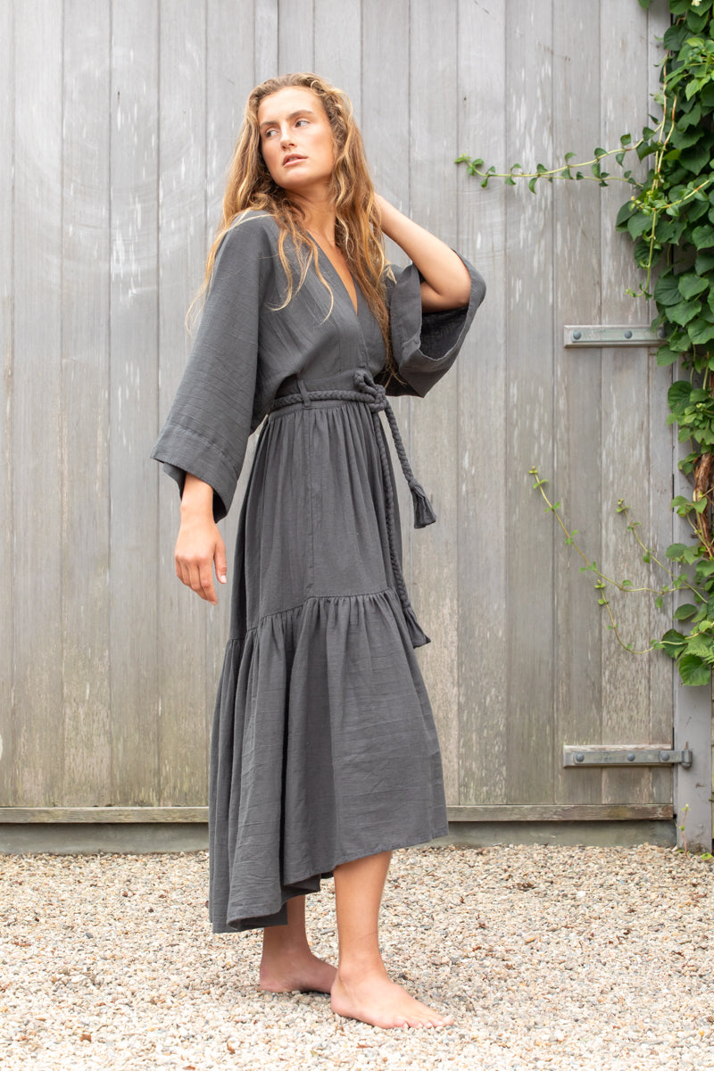 linen cotton charcoal kimono style dress