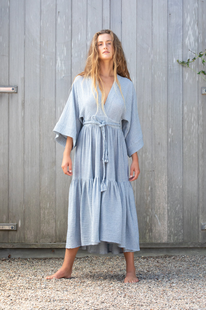indigo woven pinstripe dress