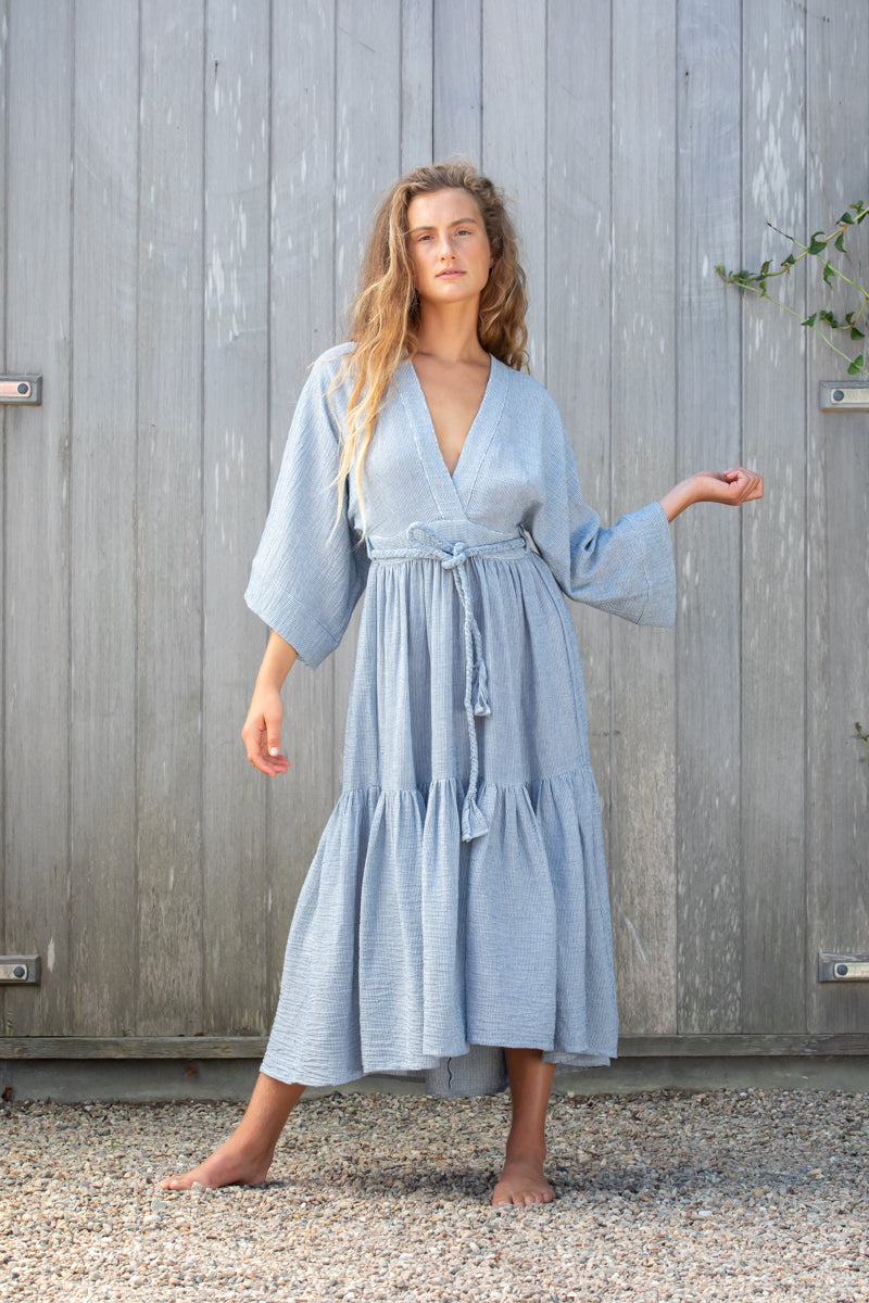 indigo pinstripe kimono gown