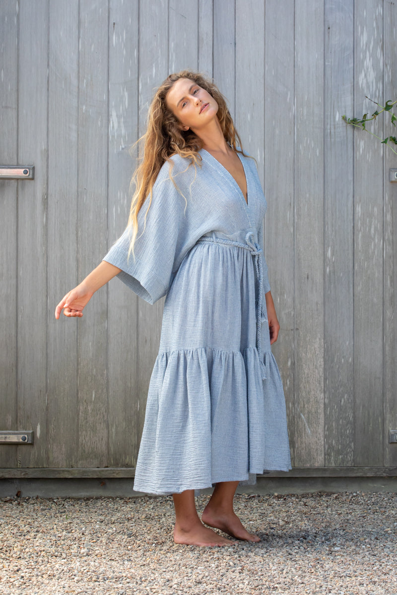 indigo pinstripe kimono dress