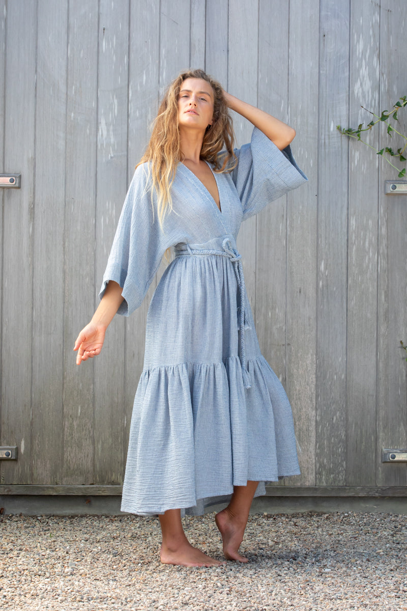 Kimono Dress in Woven Pinstripe