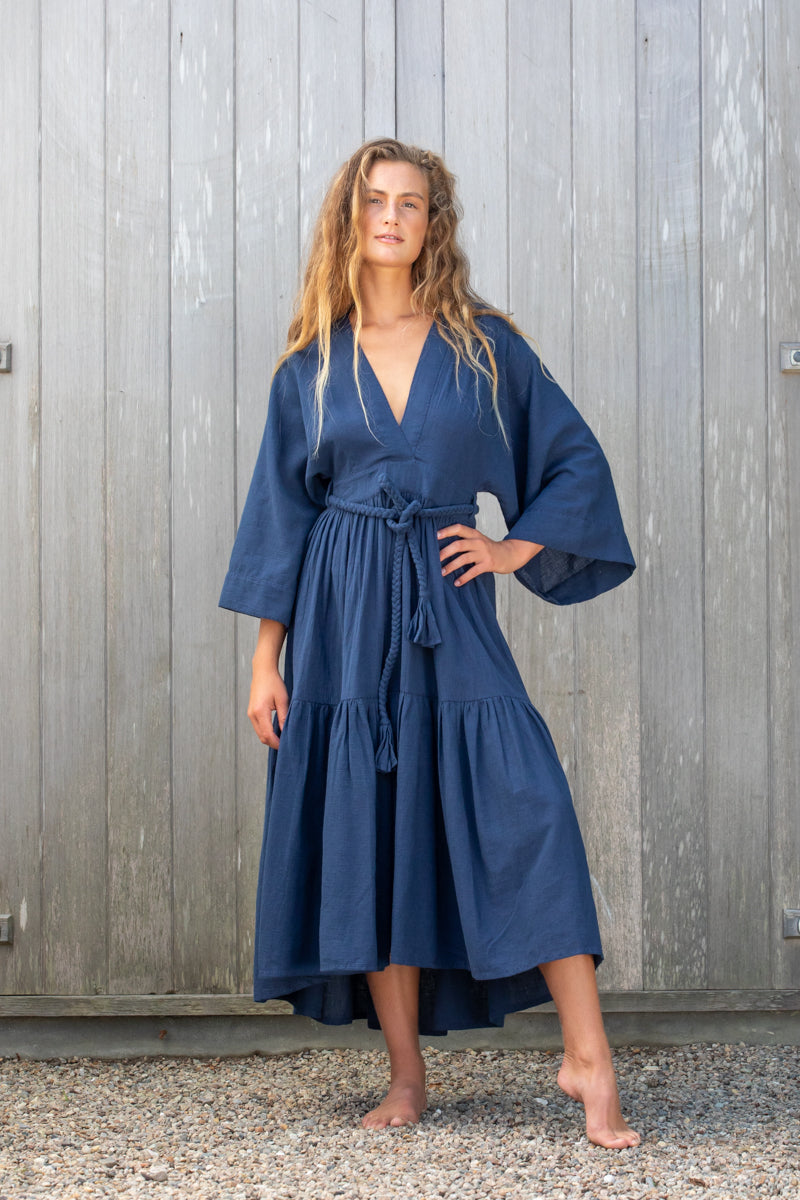 cotton linen navy kimono dress