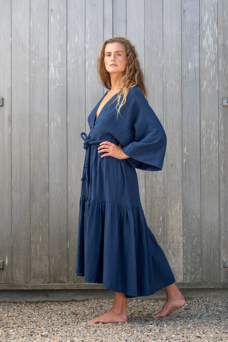 linen cotton navy kimono dress