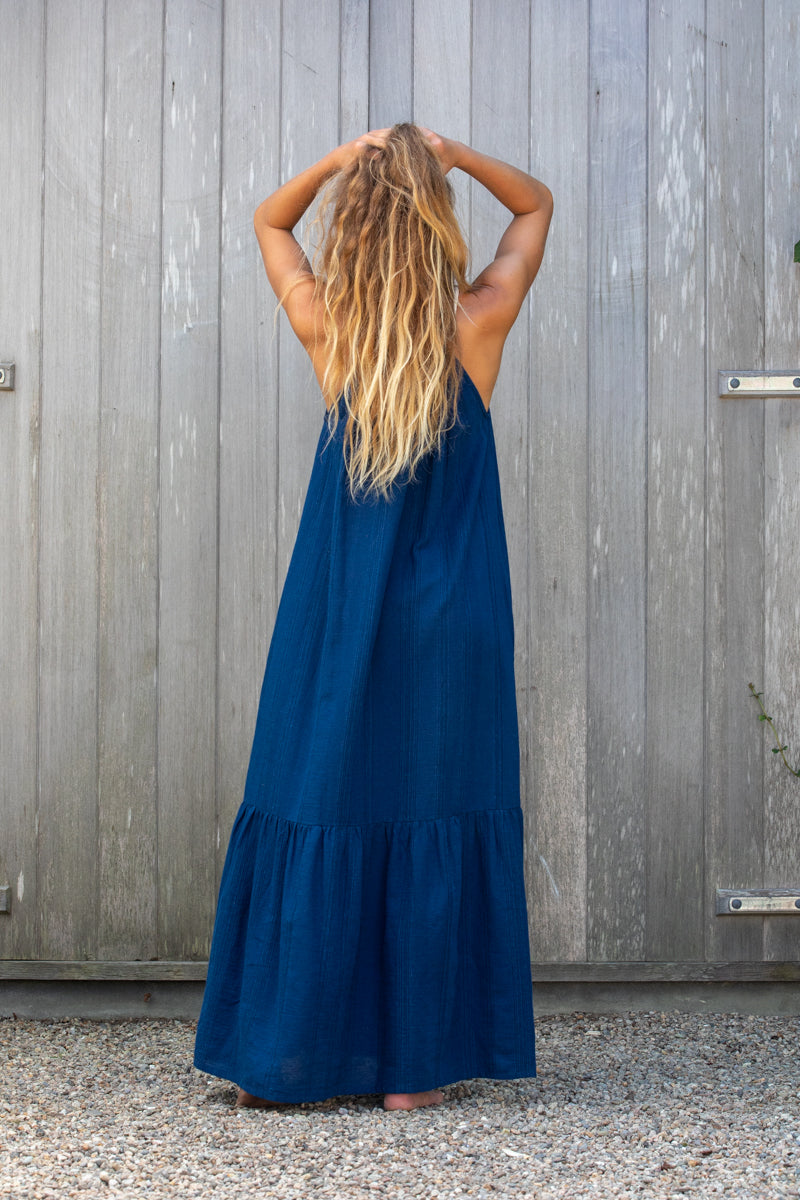 Halter Tiered Dress in Textured Stripes