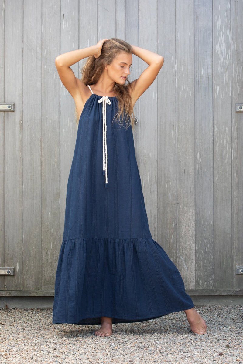 Halter Tiered Dress in Textured Stripes