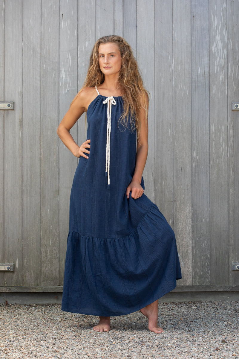 Halter Tiered Dress in Textured Stripes