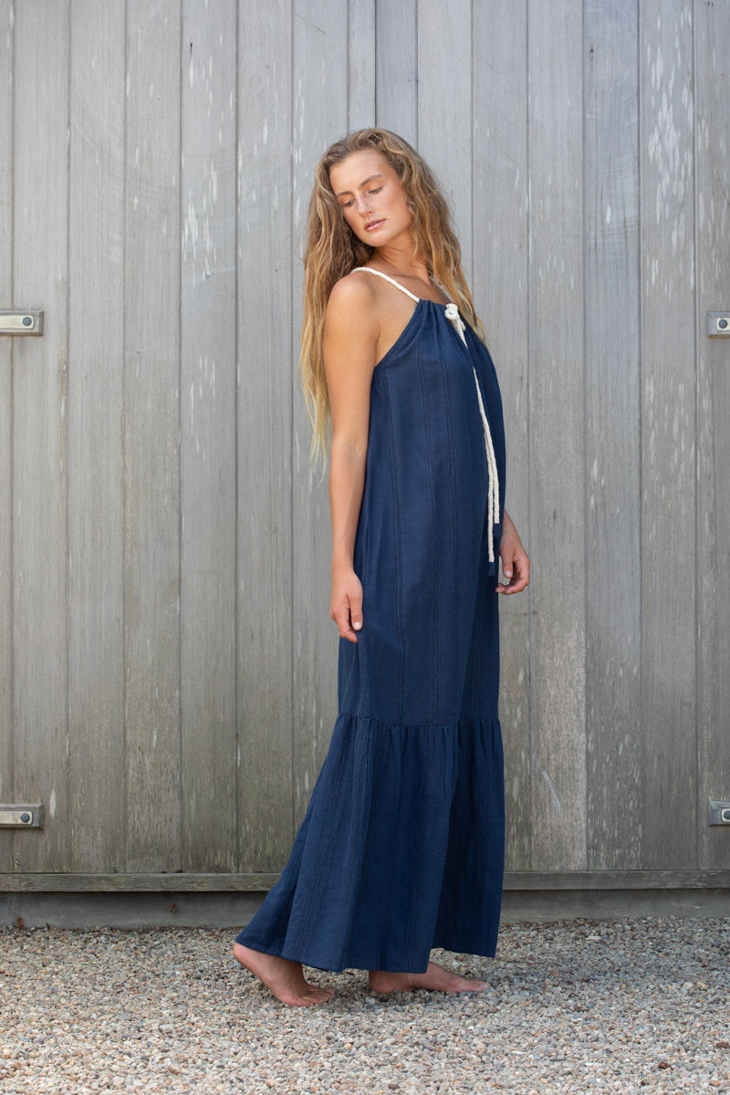 Halter Tiered Dress in Textured Stripes