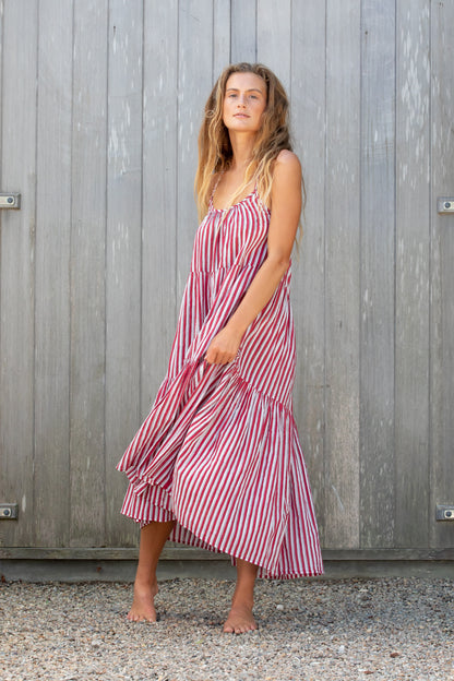 fiery red stripe block print voile dress