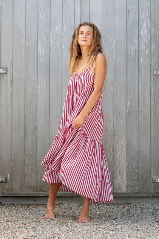 fiery red stripe block print voile dress