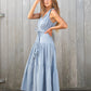 Double V Tiered Dress in Woven Pinstripe