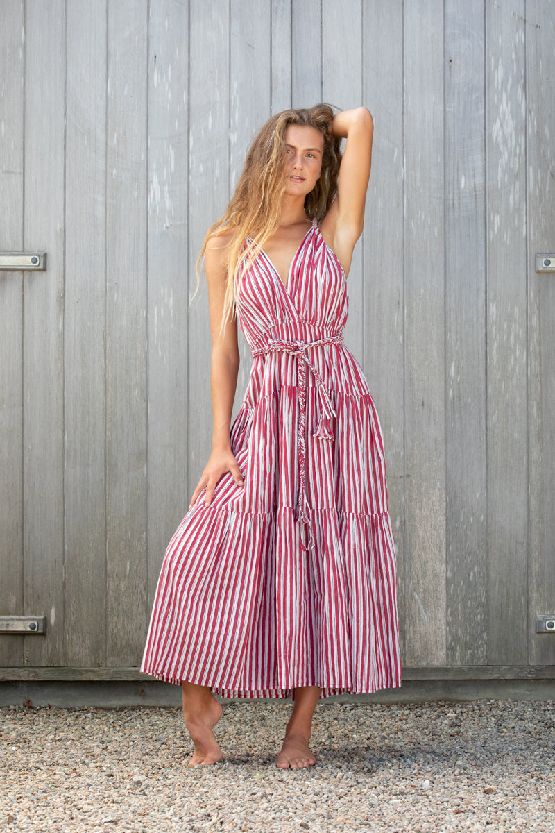 fiery red stripe block print dress