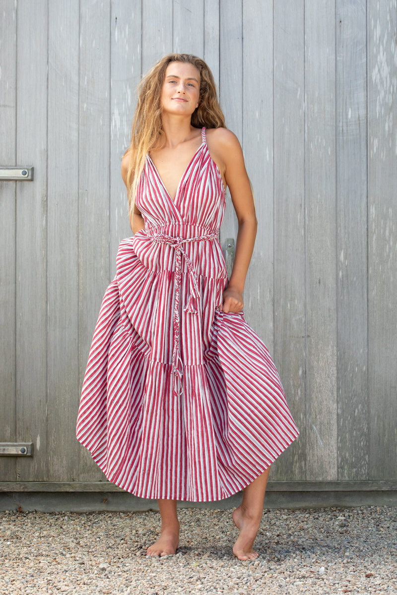 fiery red double v neck dress
