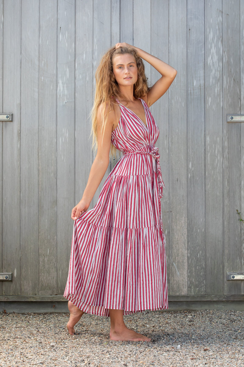 fiery red tiered voile dress